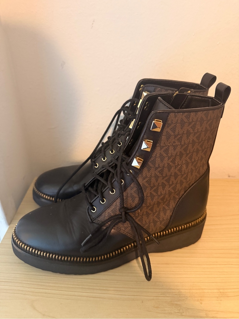 Michael Kors Brown and Black Logo Lace-Up Boots with Gold Studs